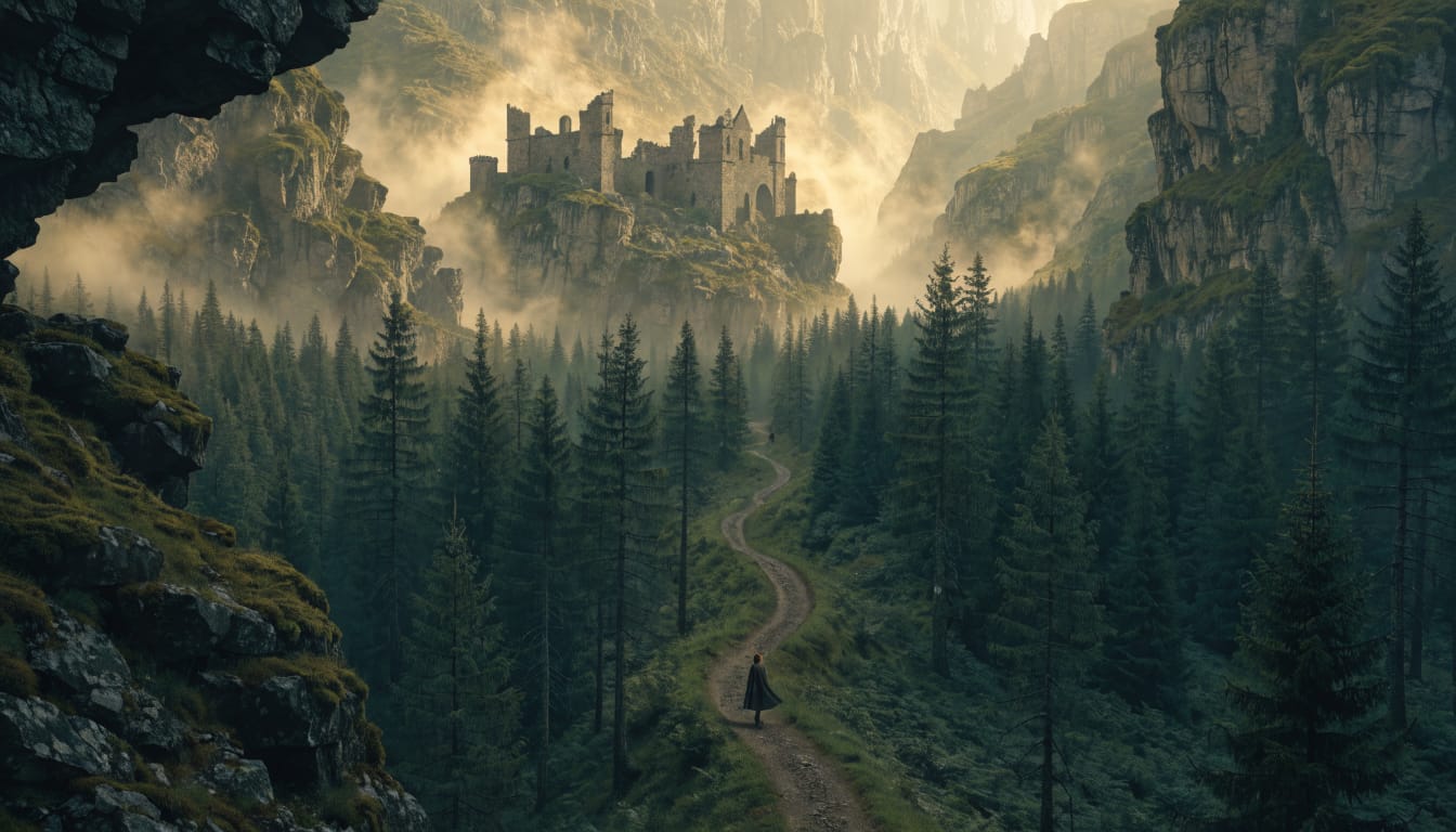A lone traveller on a winding path through a pine forest toward a ruined castle on a cliff