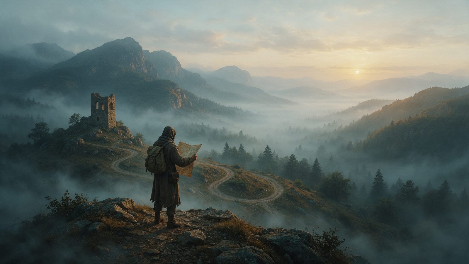 A traveller with a backpack reads a map on a hilltop above a misty valley and a ruined tower