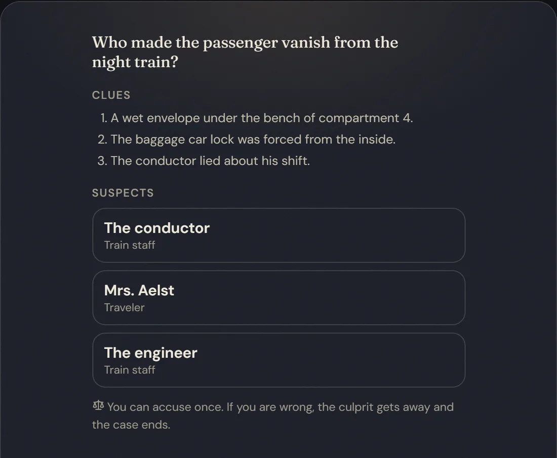 A NovelFarer case file: the question who made the passenger vanish from the night train, three clues, and three suspects: the conductor, Mrs. Aelst and the engineer