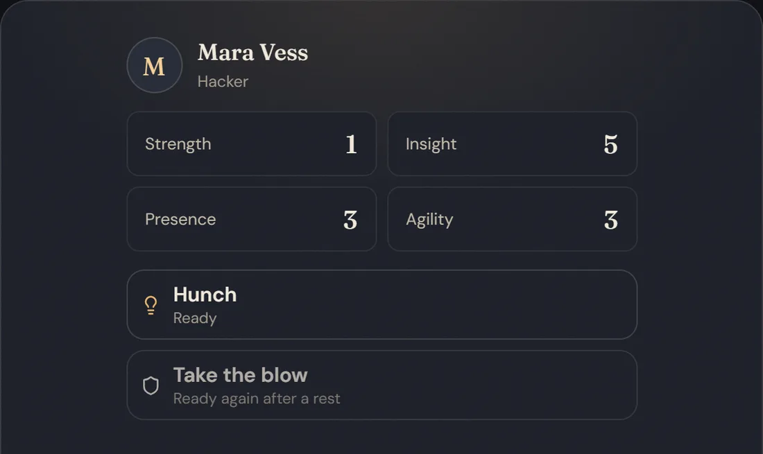 A NovelFarer character sheet for Mara Vess, a hacker: Strength 1, Insight 5, Presence 3, Agility 3, and two talents, Hunch (ready) and Take the blow (ready again after a rest)
