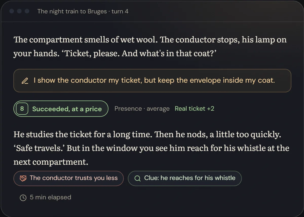 A turn in NovelFarer: the player shows the conductor a ticket, rolls an 8 with Presence and a real ticket (+2), and succeeds at a price: the conductor trusts them less